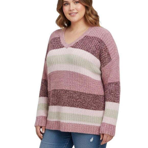torrid Sweaters - Torrid Pullover Slouchy V-Neck Tunic Sweater, Multi Stripe Pink 1 (1X, 14-16)